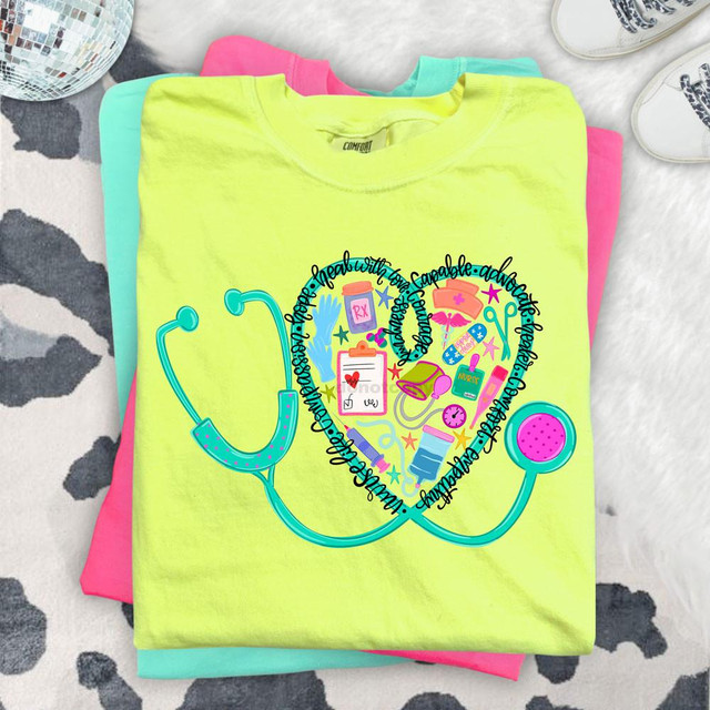 Nurse Heart Stethoscope DTF Heat Transfer T-Shirt, colorful medical-themed design featuring a stethoscope, medical icons, and heart shape, perfect for healthcare professionals.