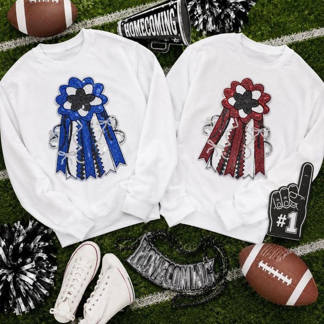 Homecoming Mum Sequins Patch - Red, image of two white sweatshirts with sequined homecoming mum patches, one in blue and one in red, laid on a football field with footballs, sneakers, and decorations.