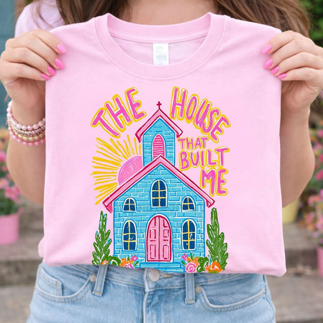 The House That Built Me Boho DTF Heat Transfer, colorful design of a house with pink and blue bricks, yellow sun rays, and pink and yellow text.