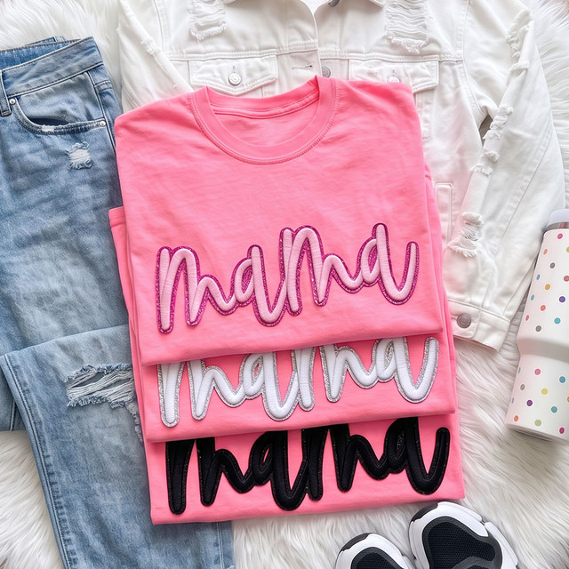 Mama puff embroidery patch in three colors, pink, white, and black