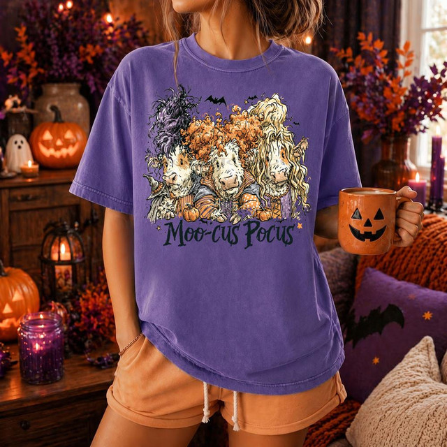 Moo-Cus Pocus Halloween DTF Heat Transfer, Halloween-themed graphic on a purple T-shirt featuring three dogs with spooky costumes.