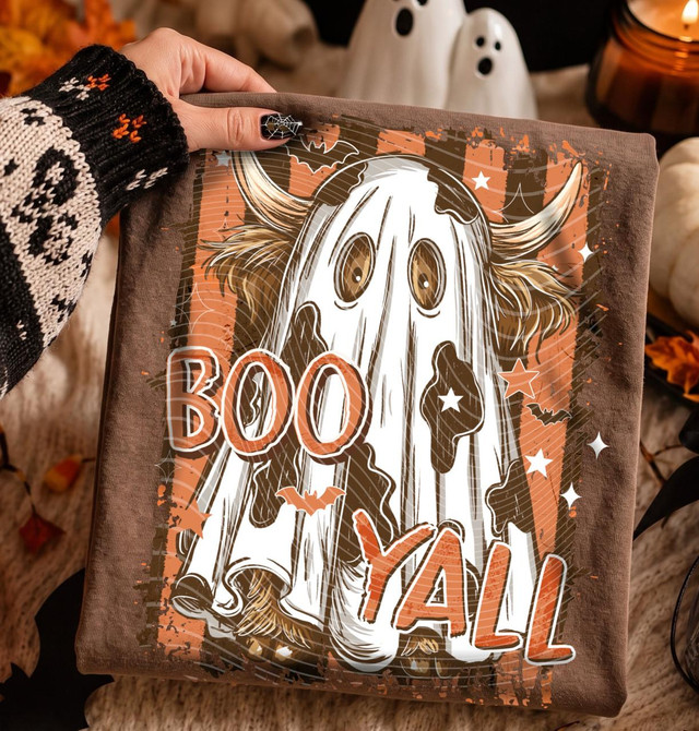 Boo Y’all Highland Cow Ghost DTF Heat Transfer, Halloween-themed design featuring a ghost with cow horns and long hair, surrounded by stars and bats.