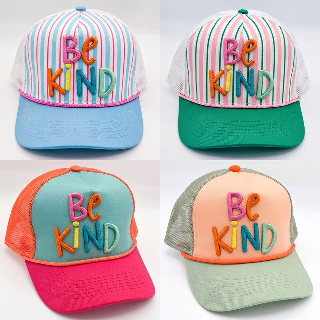 Be Kind colorful puff embroidered heat press patch applied to striped and two-tone trucker hats