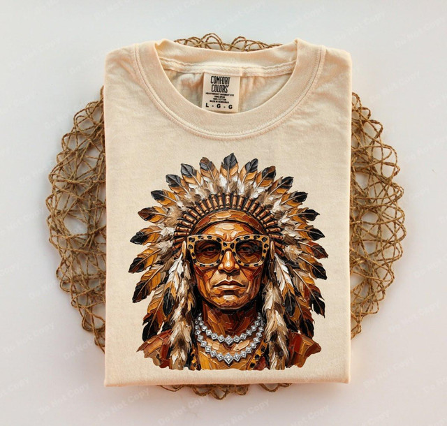 Glam Indian DTF Heat Transfer, image of a T-shirt with a native American chief portrait wearing sunglasses and jewelry.
