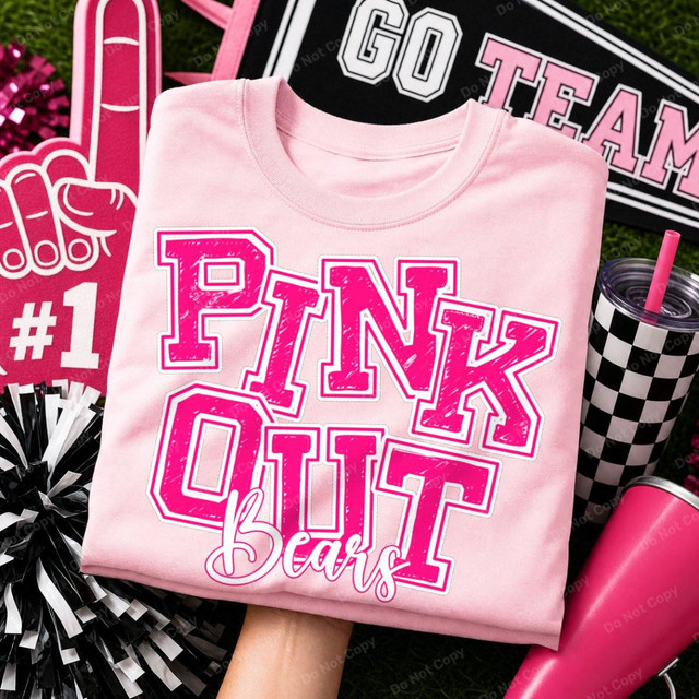 Pink Out Mascot DTF Heat Transfer, pink and white heat transfer design on a pink T-shirt.