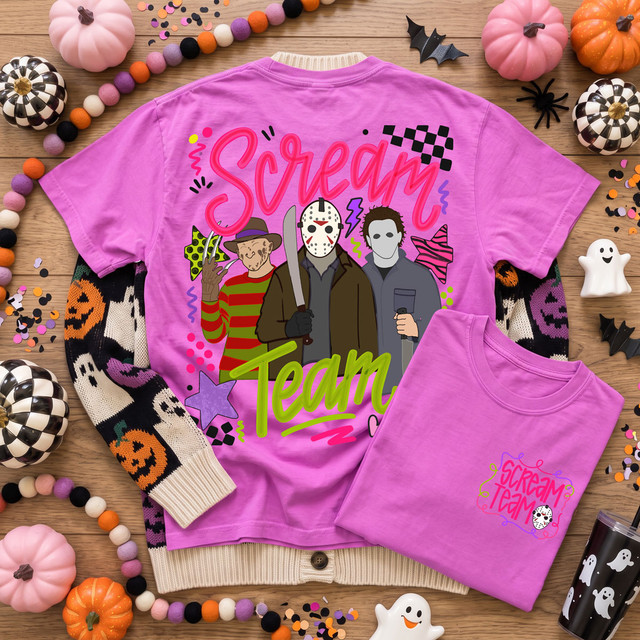 Scream Team Halloween DTF transfer set featuring a small coordinating pocket design and large colorful back design with three slasher-inspired horror characters, neon lettering and retro Halloween accents.