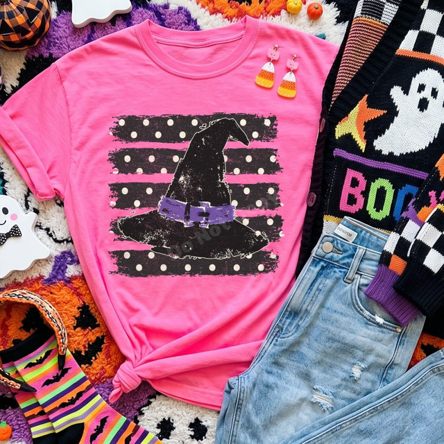 Distressed witch hat DTF transfer with purple buckle over black and white polka dot striped background