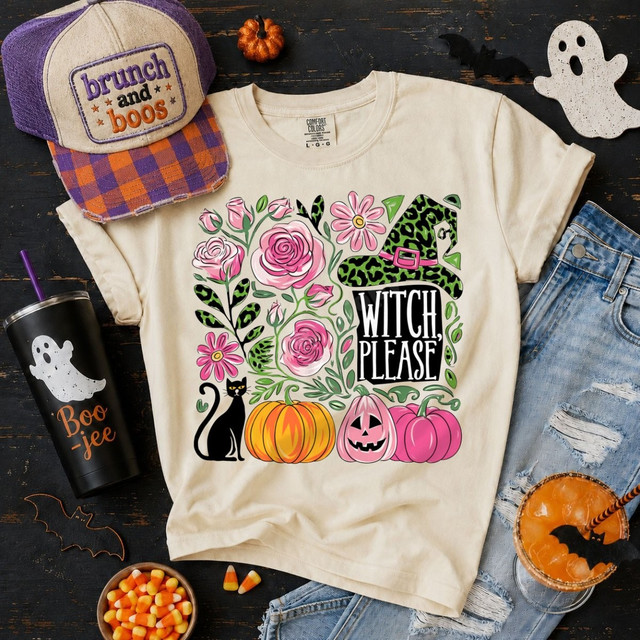 Witch Please Halloween DTF transfer with pink floral, leopard print witch hat, black cat, and pumpkins