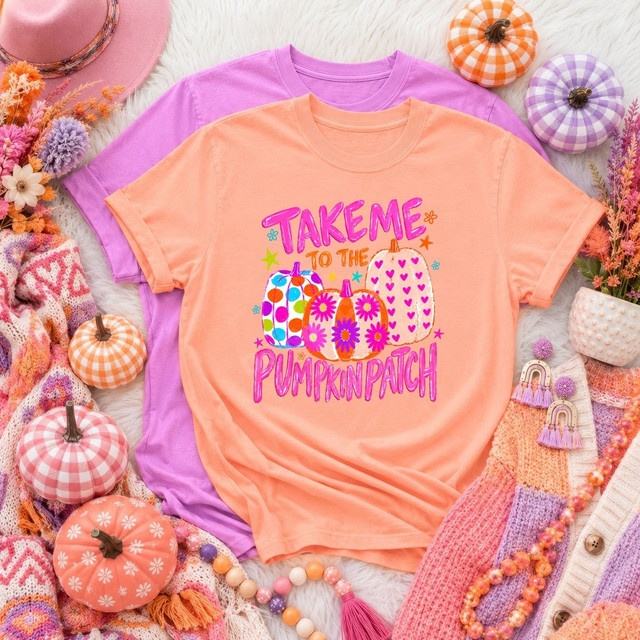 Take Me To The Pumpkin Patch DTF transfer with colorful hand-drawn pumpkins in polka dot, floral, and heart patterns on an orange shirt