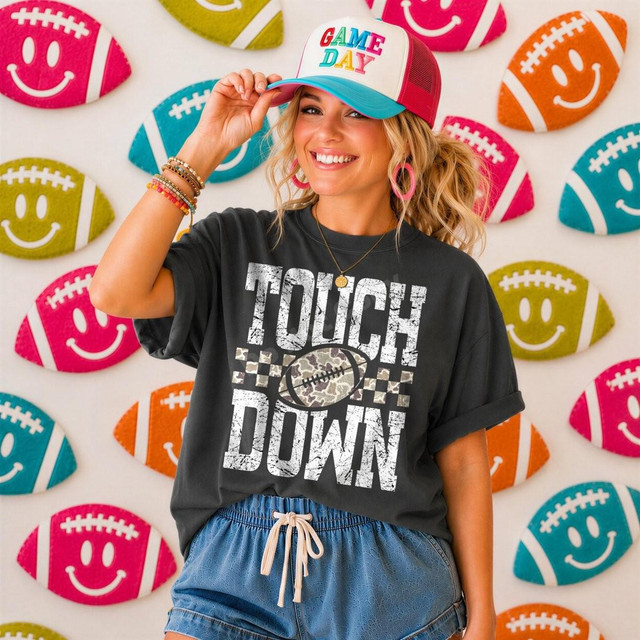Touch Down Football DTF Transfer, distressed camo game day design T-shirt with football graphic.