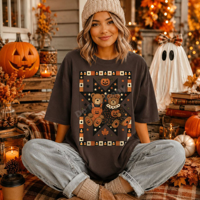 Patchwork ghost Halloween DTF transfer with plaid heart patches and a folk-art star and bat border