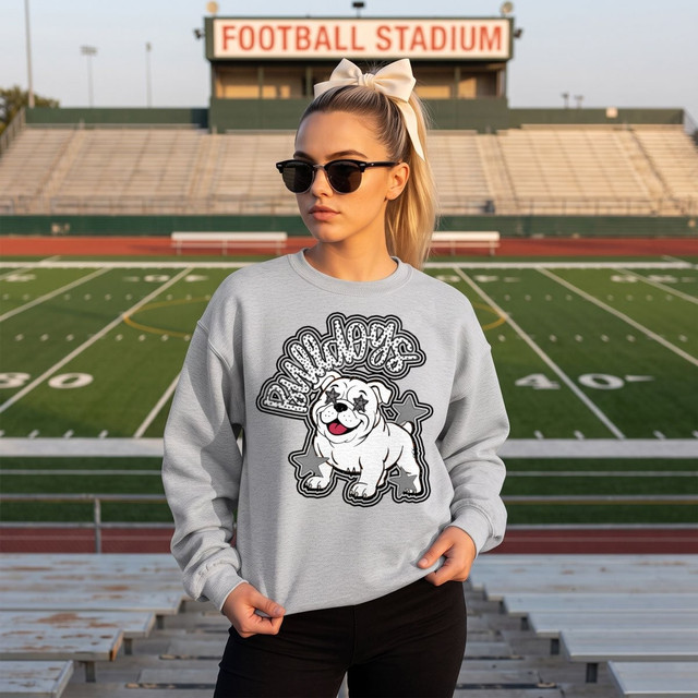 Bulldogs mascot DTF transfer with cartoon bulldog puppy wearing star sunglasses in a dotted script bubble design with stars