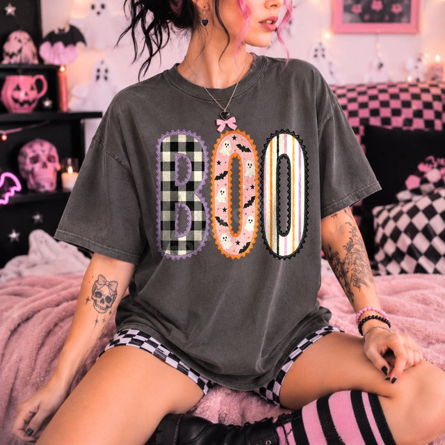 BOO Halloween DTF transfer with faux-embroidered patchwork letters featuring buffalo plaid, ghost and bat print, and orange stripe designs