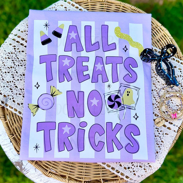 All Treats No Tricks Halloween DTF transfer in purple bubble lettering with candy corn, ghost lollipop, and sour candy graphics