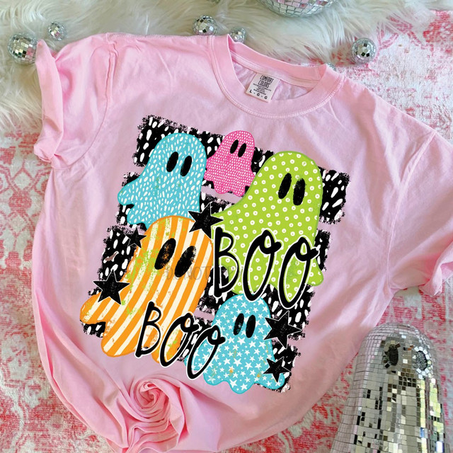Boo Boo patterned ghosts Halloween DTF transfer with polka dot, striped, and star ghost designs on a black and white background