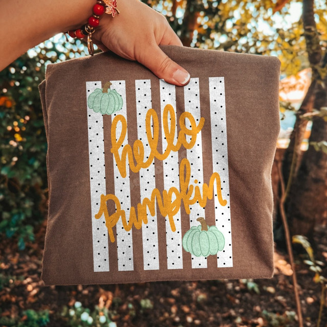 Hello Pumpkin DTF transfer with mustard script lettering, mint pumpkins, and polka dot stripe background