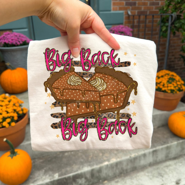Big Back pumpkin pie DTF transfer with pink script lettering, leopard print, and gold-accented pie slice graphic