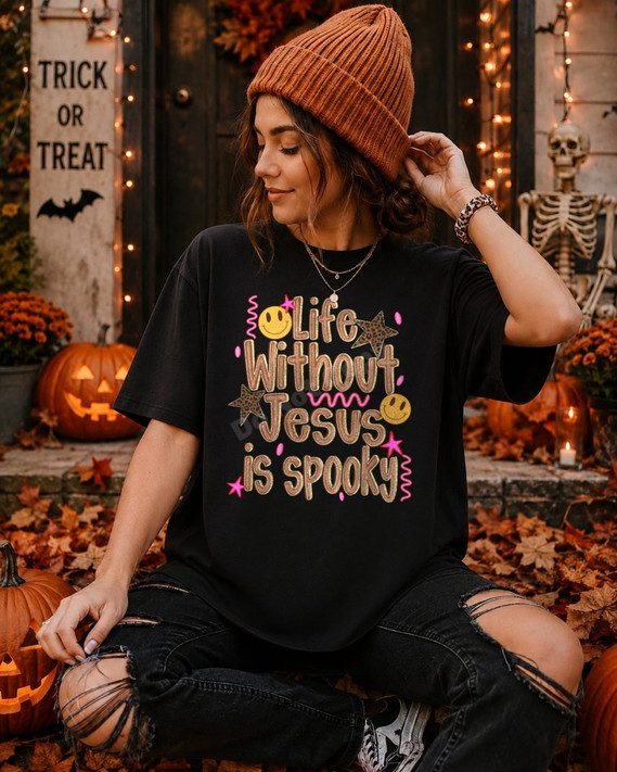 Life Without Jesus Is Spooky DTF transfer with leopard print lettering, smiley faces, stars, and pink squiggle accents