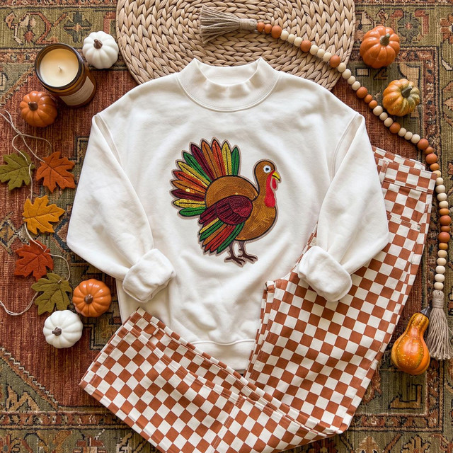 Thanksgiving Turkey Sequin Patch, sparkly turkey appliqué embroidered on a white sweatshirt with fall-themed decorations around it.