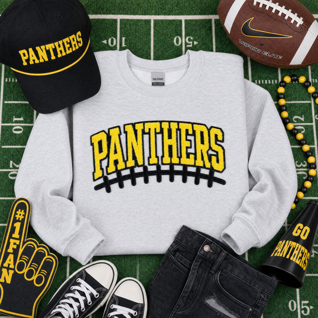 Black and gold Panthers football chenille patch with varsity lettering and dimensional black football laces for game day apparel