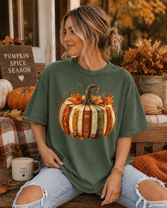 Book stack pumpkin DTF transfer with vintage stacked books shaped like a pumpkin, autumn leaves, and curled vine stem