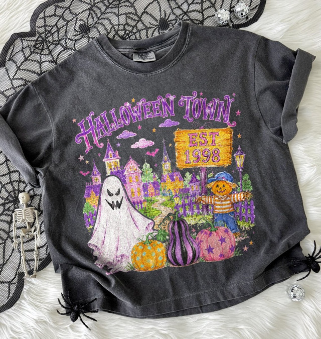 Halloween Town Est 1998 DTF transfer with ghost, jack-o'-lantern scarecrow, pumpkins, and a whimsical purple spooky village illustration