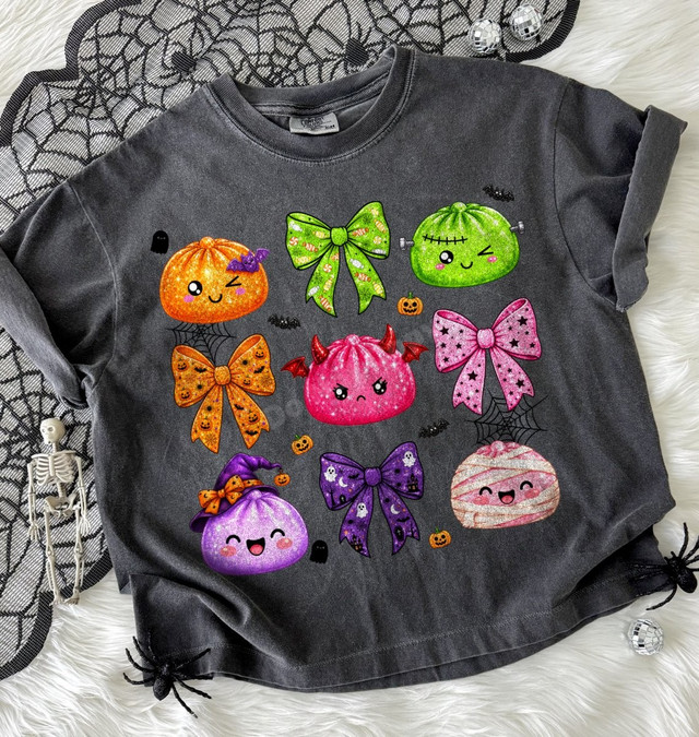 Cute Halloween dumpling characters DTF transfer with pumpkin, Frankenstein, devil, witch, and mummy faces plus glittery bows and spiderwebs