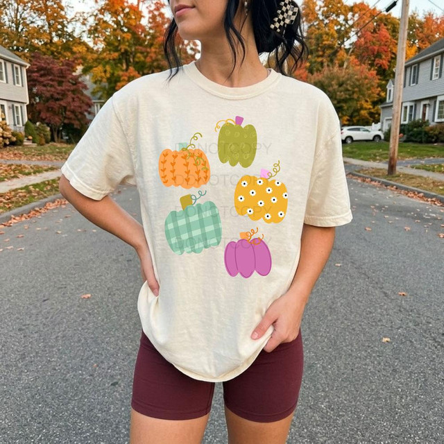Colorful Pumpkins DTF Transfer | Plaid Floral Retro Fall Pumpkin Heat Transfer, decorative fall pumpkin design printed on a cream-colored T-shirt.
