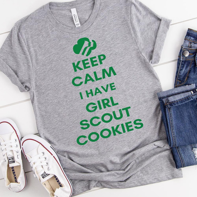 Keep Calm I Have Girl Scout Cookies Screen Print Transfer, gray T-shirt with green text and design showing a silhouette of Girl Scout cookies above the phrase.