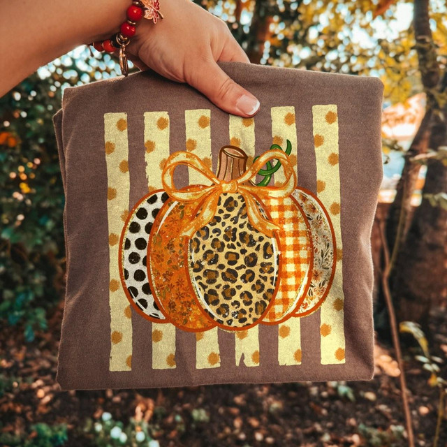 Patchwork Pumpkin DTF Transfer | Leopard & Gingham Fall Design, artful pumpkin with leopard and gingham patterns on a fall-themed garment.