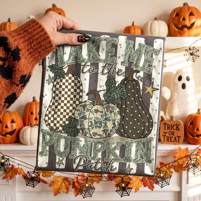 Take Me to the Pumpkin Patch DTF Transfer, vintage fall pumpkin design with patterned pumpkins and autumn leaves for fall decor.