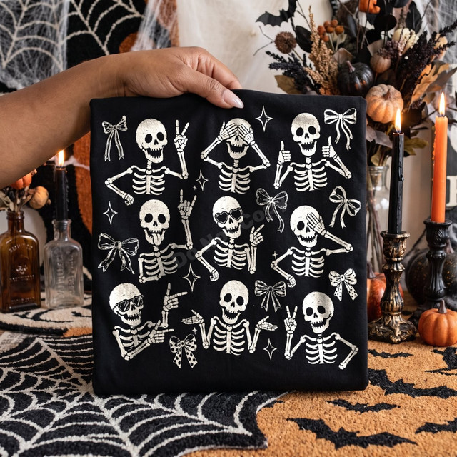 Retro skeleton squad DTF transfer with nine dancing skeletons in sunglasses and heart glasses, hand-drawn bows, and sparkle accents on a black shirt