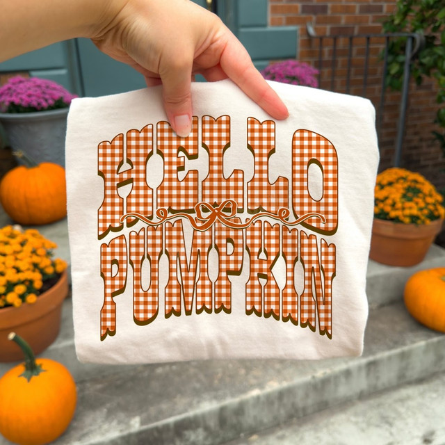 Hello Pumpkin DTF transfer with orange and white gingham print bubble lettering and a decorative bow accent