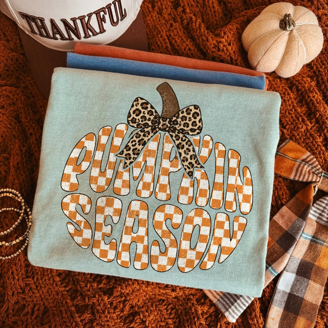 Pumpkin Season DTF transfer with retro orange checkered lettering shaped like a pumpkin and a leopard print bow stem