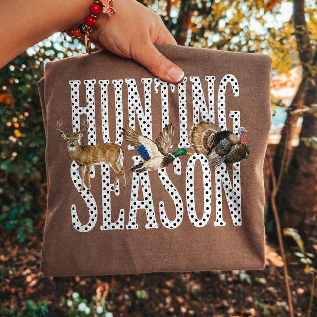 Hunting Season DTF Transfer, Deer, Duck & Turkey Polka Dot Design on a brown fabric