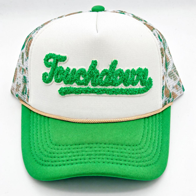 Touchdown Chenille Hat Patch, green embroidered patch on a white and green cap.