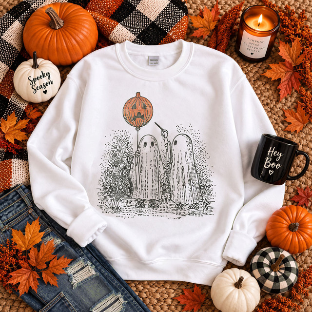 Two sheet ghosts with orange jack-o’-lantern pumpkin balloon Halloween spangle transfer in black white and orange