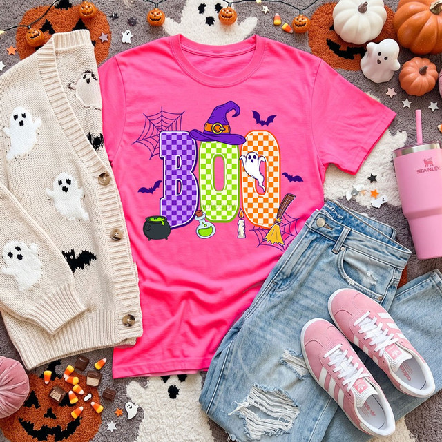 BOO Halloween DTF transfer with checkered purple, green, and orange letters, witch hat, ghost, bats, and cauldron graphics