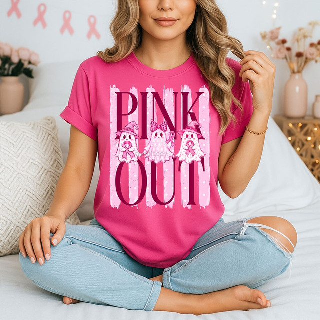 Pink Out breast cancer awareness DTF transfer with three ghost characters wearing witch hats and pink ribbons on a distressed pink striped background