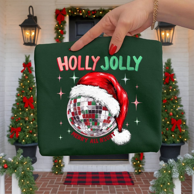 Holly Jolly Christmas DTF transfer with a sparkly disco ball wearing a Santa hat and Merry All Night lettering