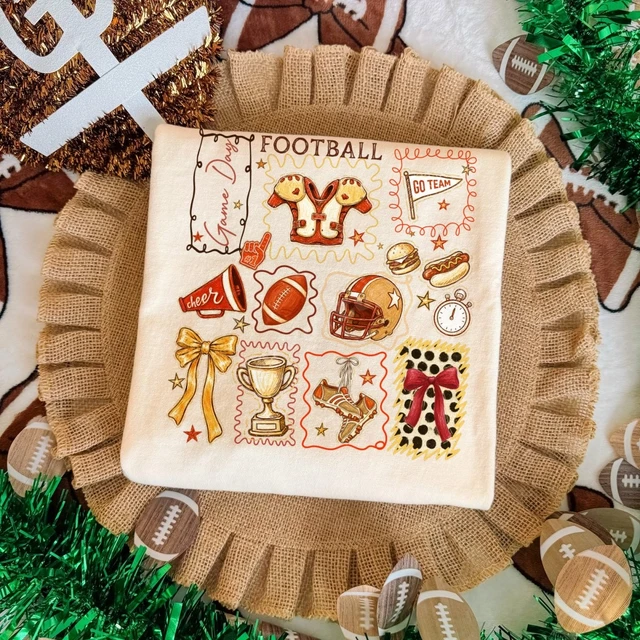 Game Day Football DTF transfer with hand-painted collage of helmet, shoulder pads, pennant, cleats, trophy, and cheer megaphone icons