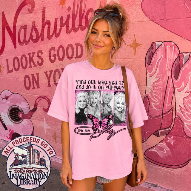 Country music tribute DTF transfer with black-and-white photo collage, pink butterfly, script signature, and inspirational quote on a pink shirt