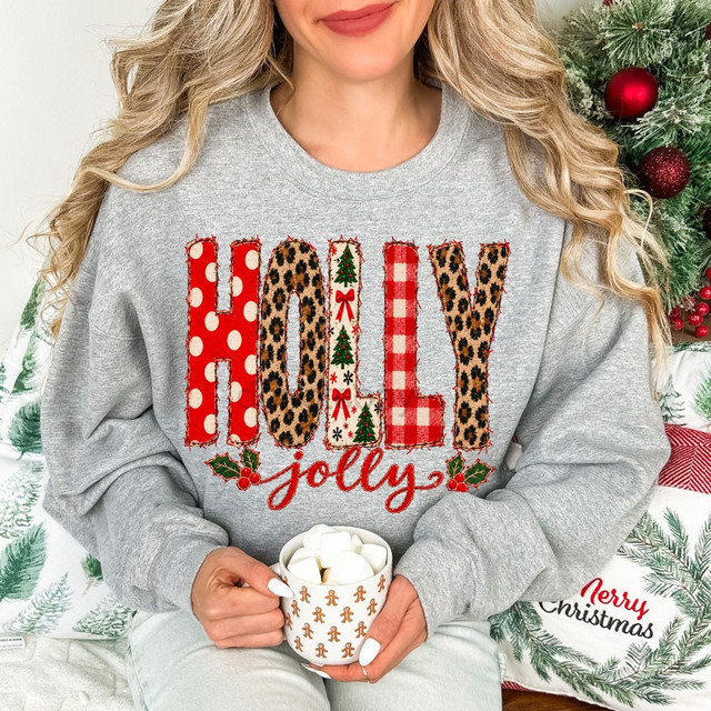 Holly Jolly Christmas DTF transfer with faux-applique polka dot, leopard, and buffalo plaid lettering and script holly berry accents
