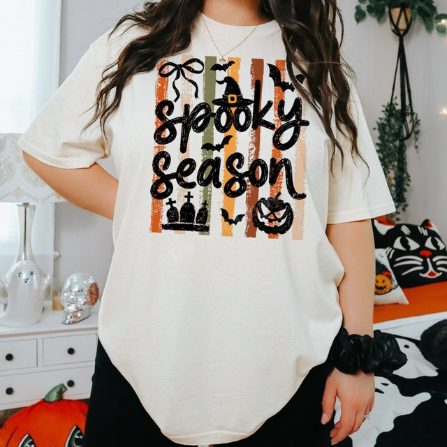 Spooky Season DTF transfer with black hand-lettered script, fall-toned distressed stripes, witch hat, bats, and jack-o'-lantern
