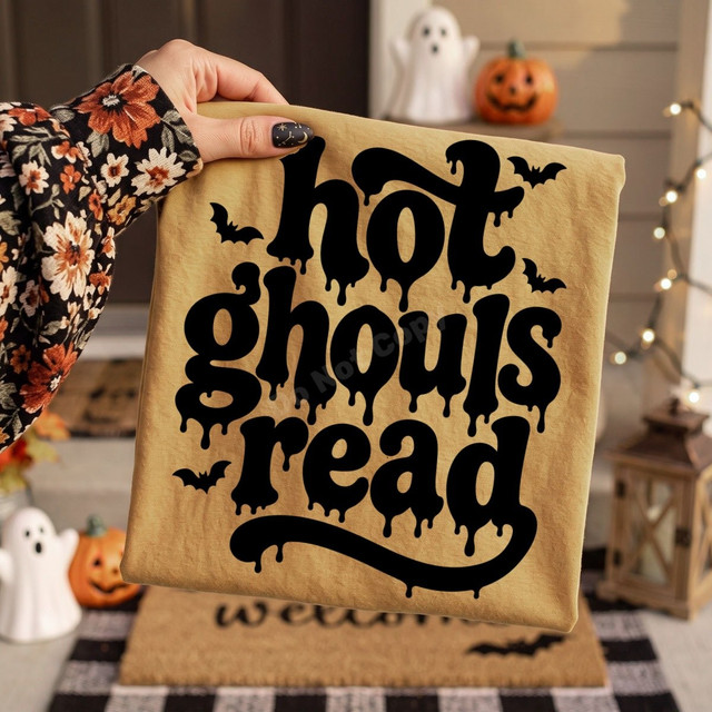 Hot Ghouls Read Halloween DTF transfer with dripping black lettering and bat accents on a shirt