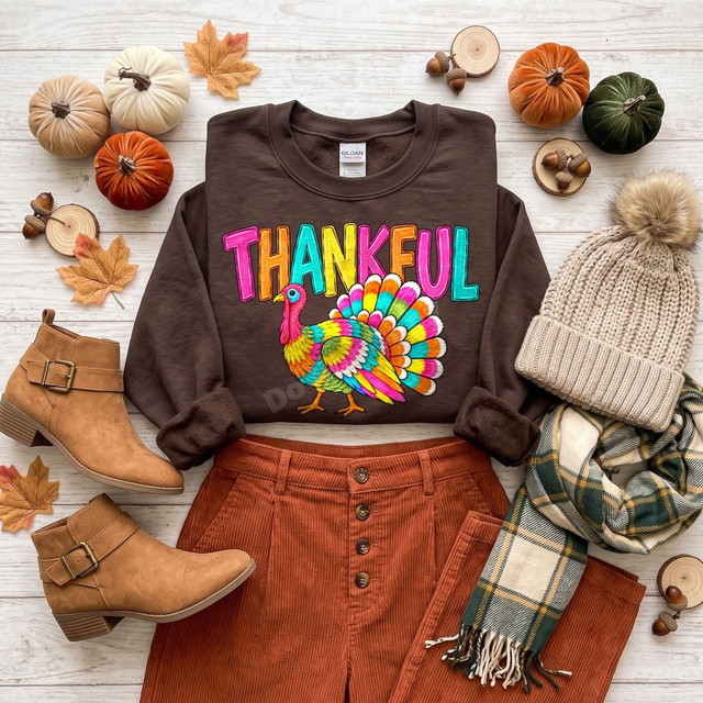 Thankful DTF transfer with colorful bubble letters and a rainbow-feathered turkey design on a brown sweatshirt