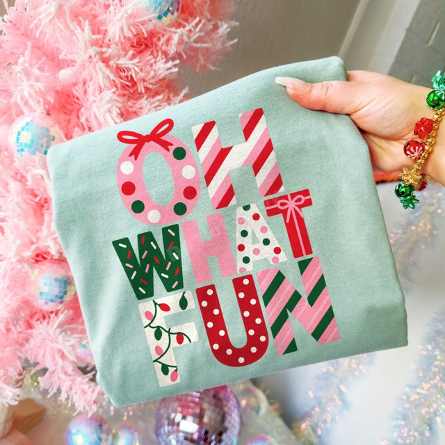Oh What Fun Christmas DTF transfer with colorful wreath, candy cane stripes, polka dots, and string lights lettering design