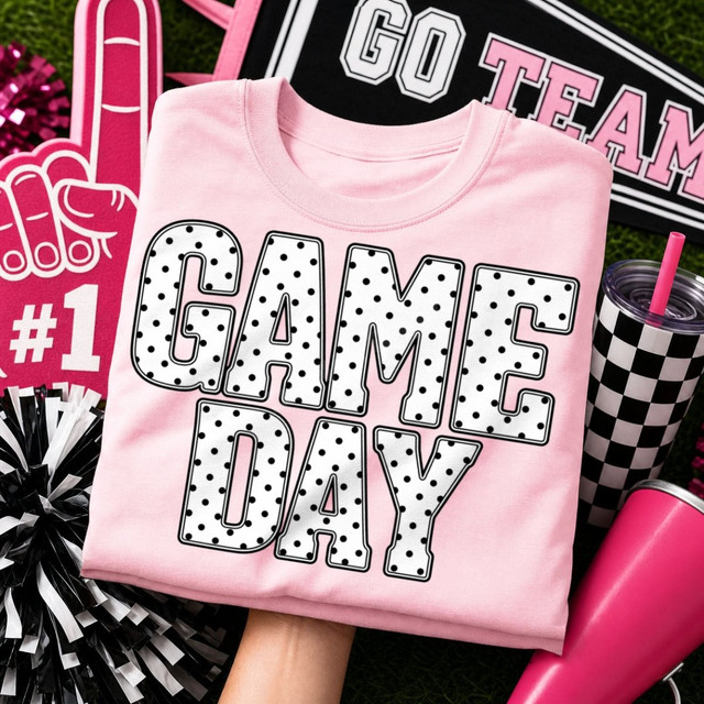 Game Day DTF transfer with polka dot block lettering on a pink shirt