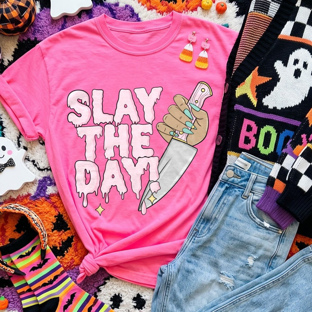 Slay The Day Halloween DTF transfer with dripping pink lettering and a hand holding a knife design