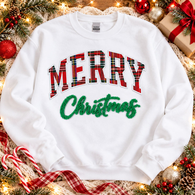 Merry Christmas appliqué and fluffy patch combo with red plaid varsity lettering and green fluffy script on sweatshirt